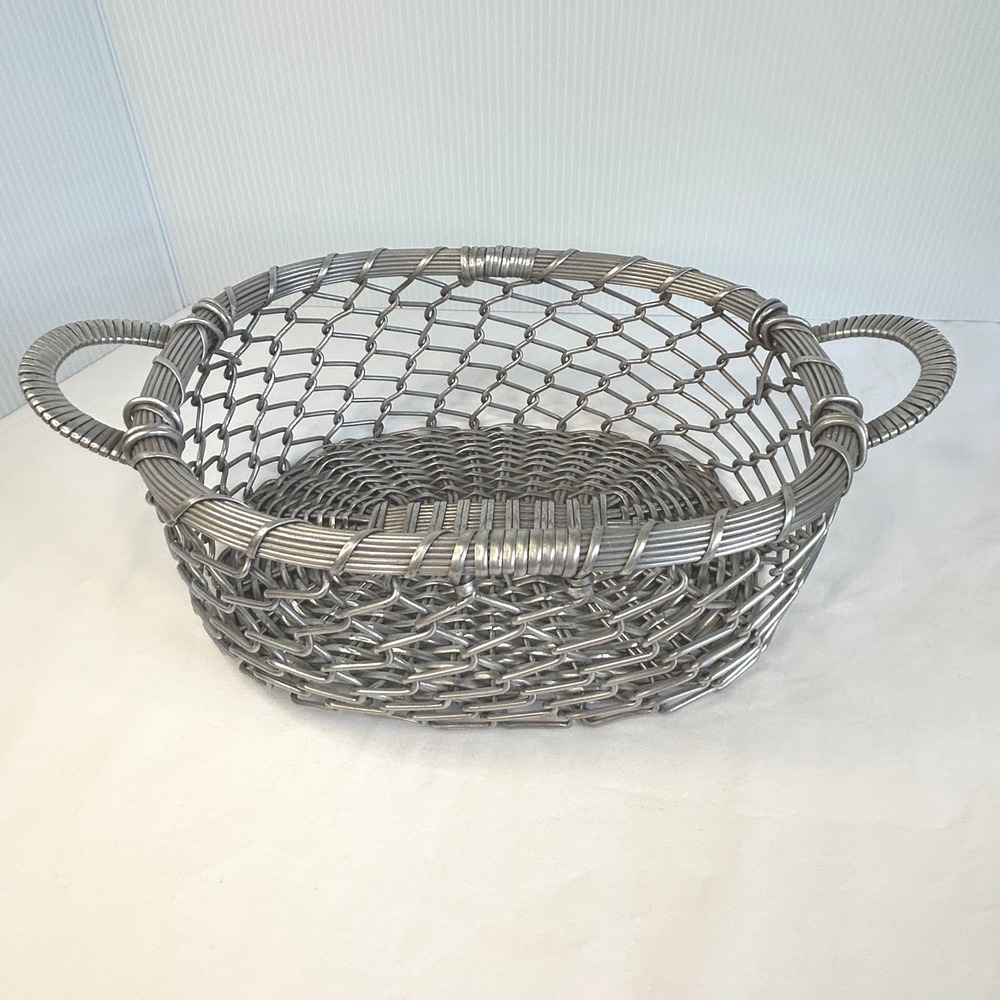 Wire‎ Basket Silver Metal Woven Handle Oval Storage Decor